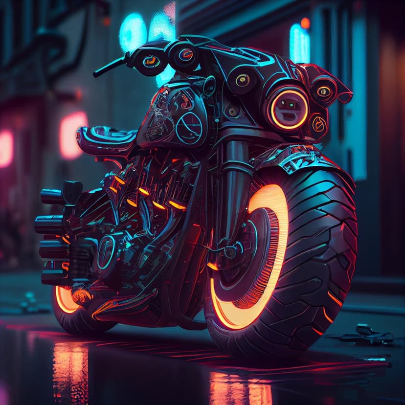 Sleek cyberpunk motorcycle with glowing orange wheels parked on a dark city street with blue and pink neon lights.