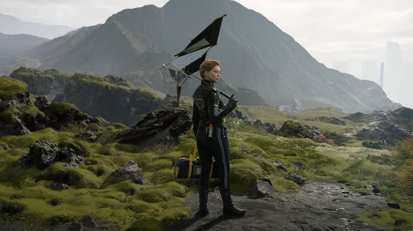 Fragile from Death Stranding holds a black umbrella in a vast green mossy mountain valley under a grey sky.