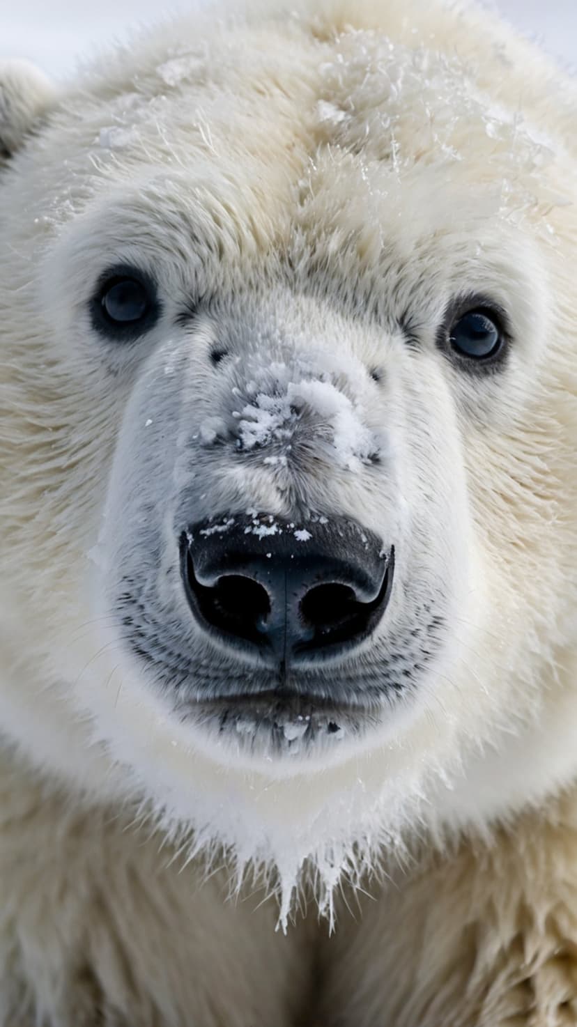 Polar bear face with a wet black nose and white fur covered in ice crystals during an Arctic winter snowstorm.