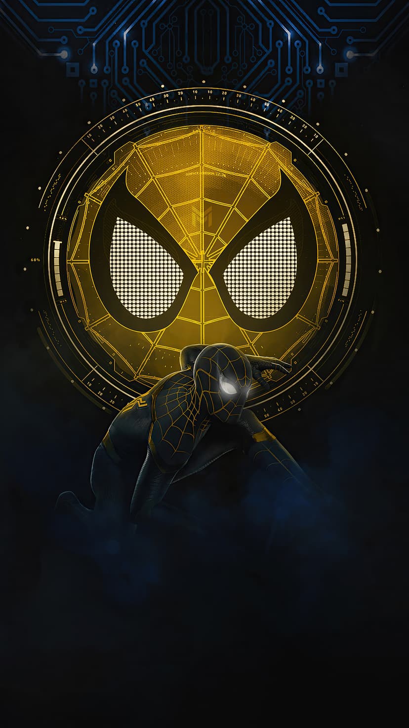 Spider-Man in a black and gold suit with glowing white eyes and golden circuit board patterns on the chest.
