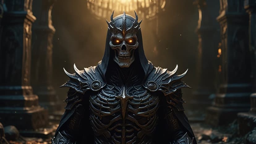 Skeleton warrior in black horned armor with glowing red eyes standing among dark, shadowy stone pillars.