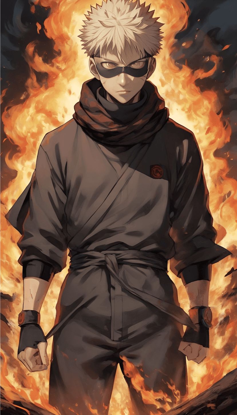Masked warrior with spiky blond hair standing amidst vibrant orange flames and swirling glowing embers.