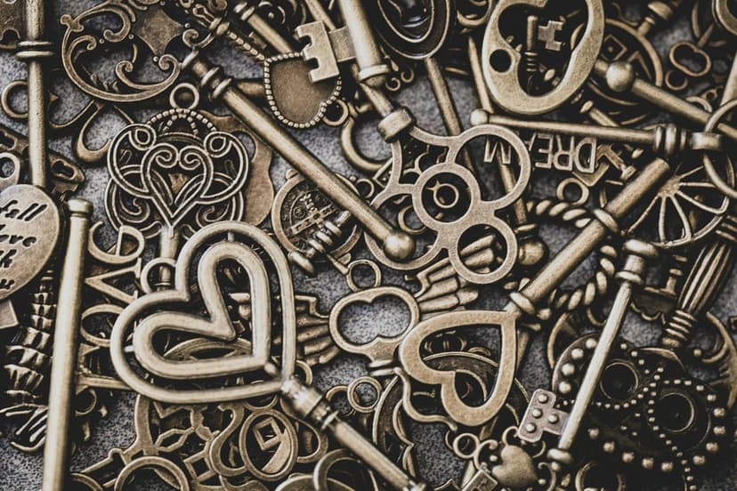 Ornate brass skeleton keys and heart charms with Dream inscriptions lie scattered on a textured grey surface.