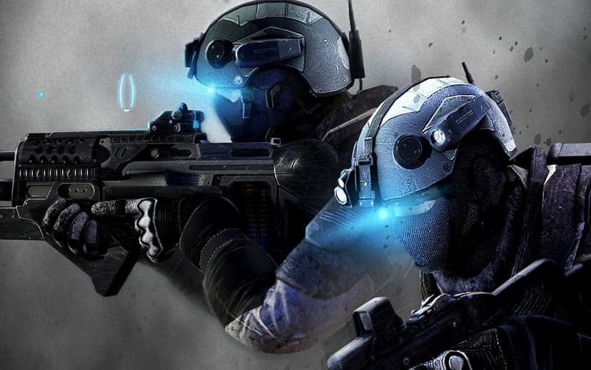 Two armored tactical soldiers with glowing blue sensors and assault rifles against a dark textured background.