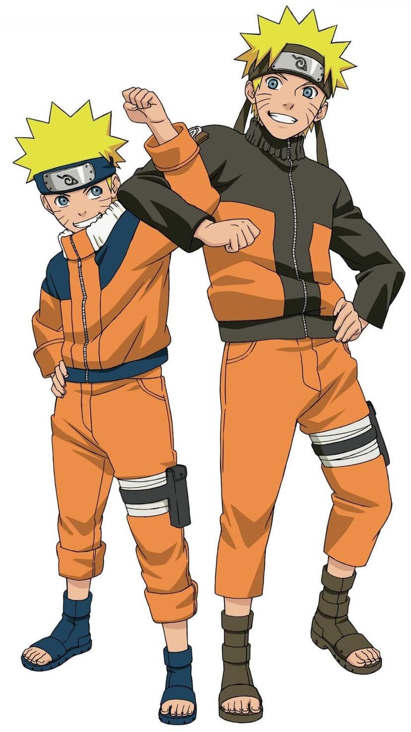 Naruto Uzumaki as a young boy and a teenager wearing his signature orange tracksuits and Konoha headbands.