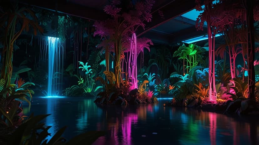 Glowing cyan waterfall cascading into a reflective pool surrounded by electric pink and green tropical foliage.