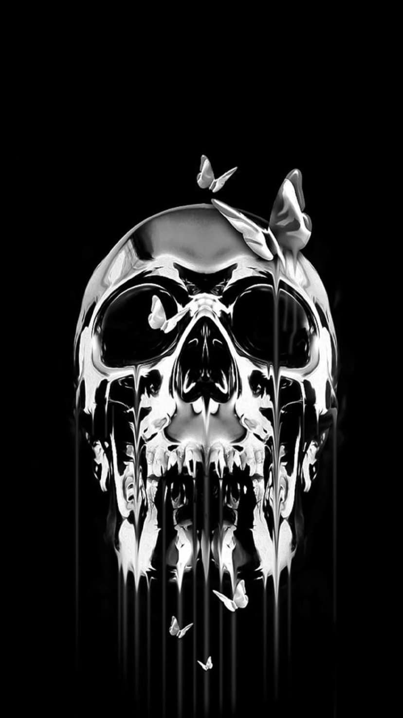 Silver skull melting into liquid droplets with several butterflies perched on the head and flying in the air.