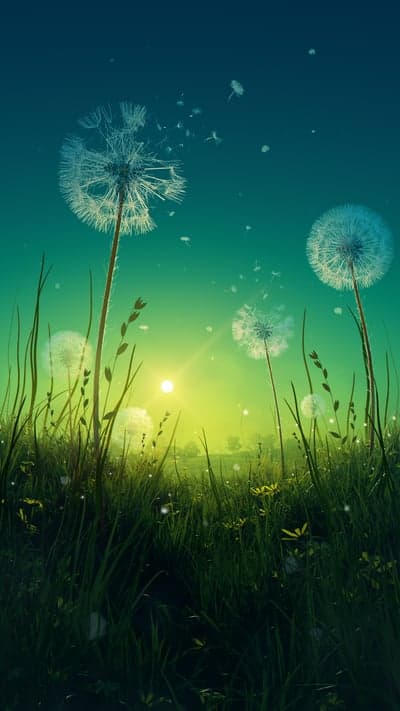 Dandelion seeds drifting in a sunny field