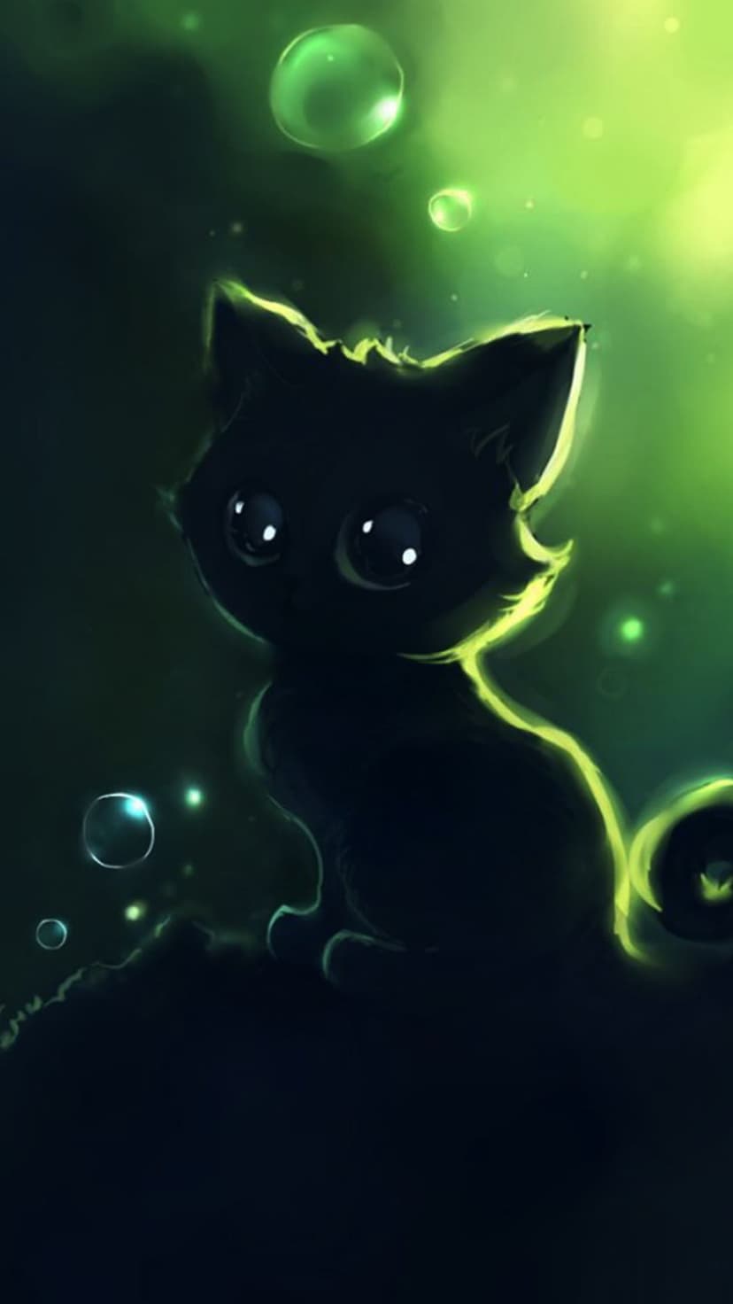 Black kitten with glowing green eyes sits amidst floating bubbles and ethereal neon light in a dark forest.