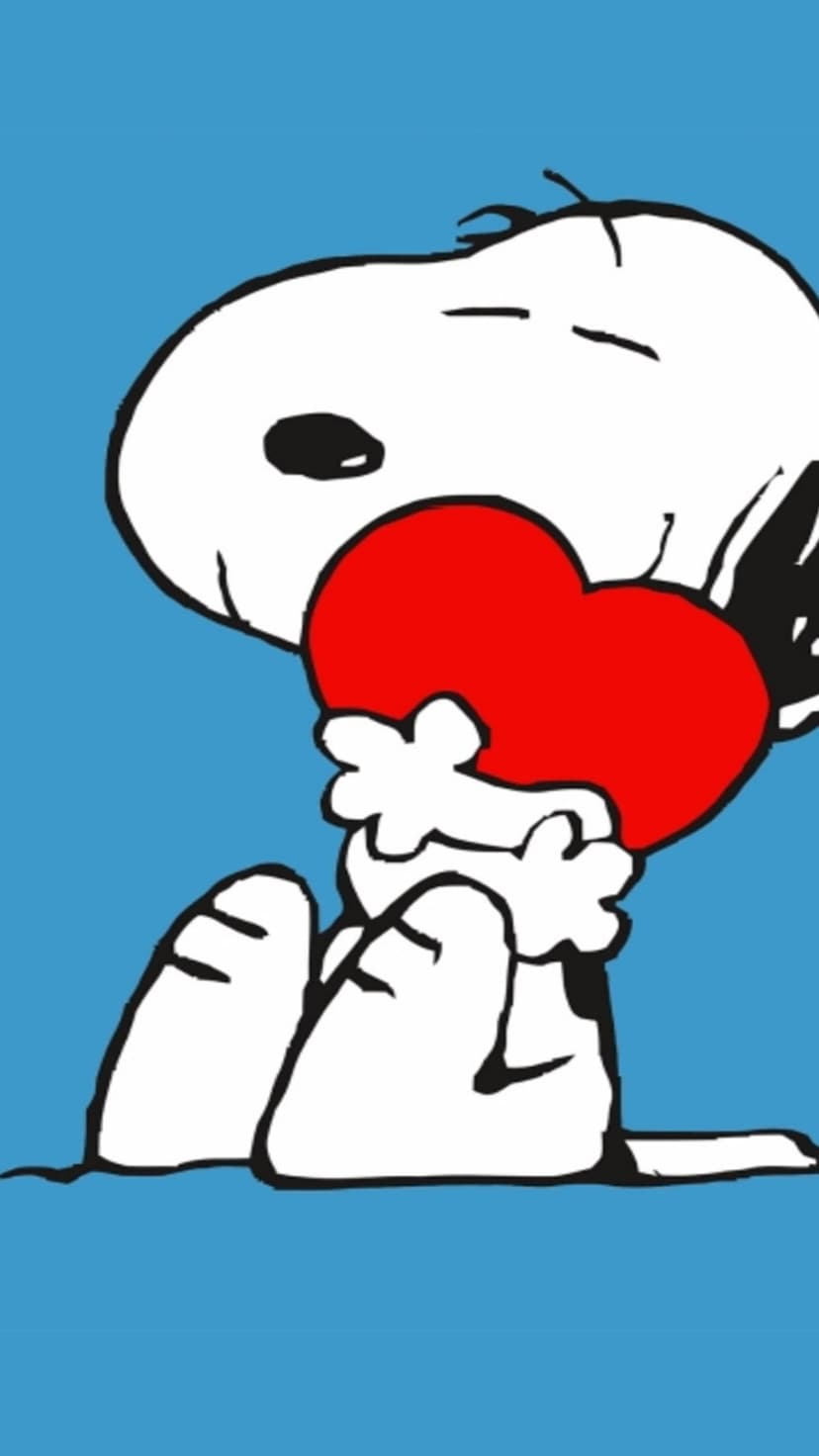 Snoopy hugging a large red heart with his eyes closed against a vibrant blue background in a vertical layout.