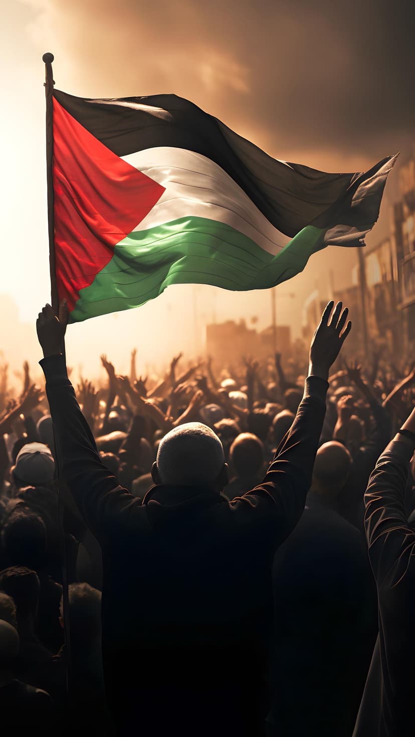 Palestinian flag held aloft by a hand against a sunset sky above a large crowd of protestors with raised arms.