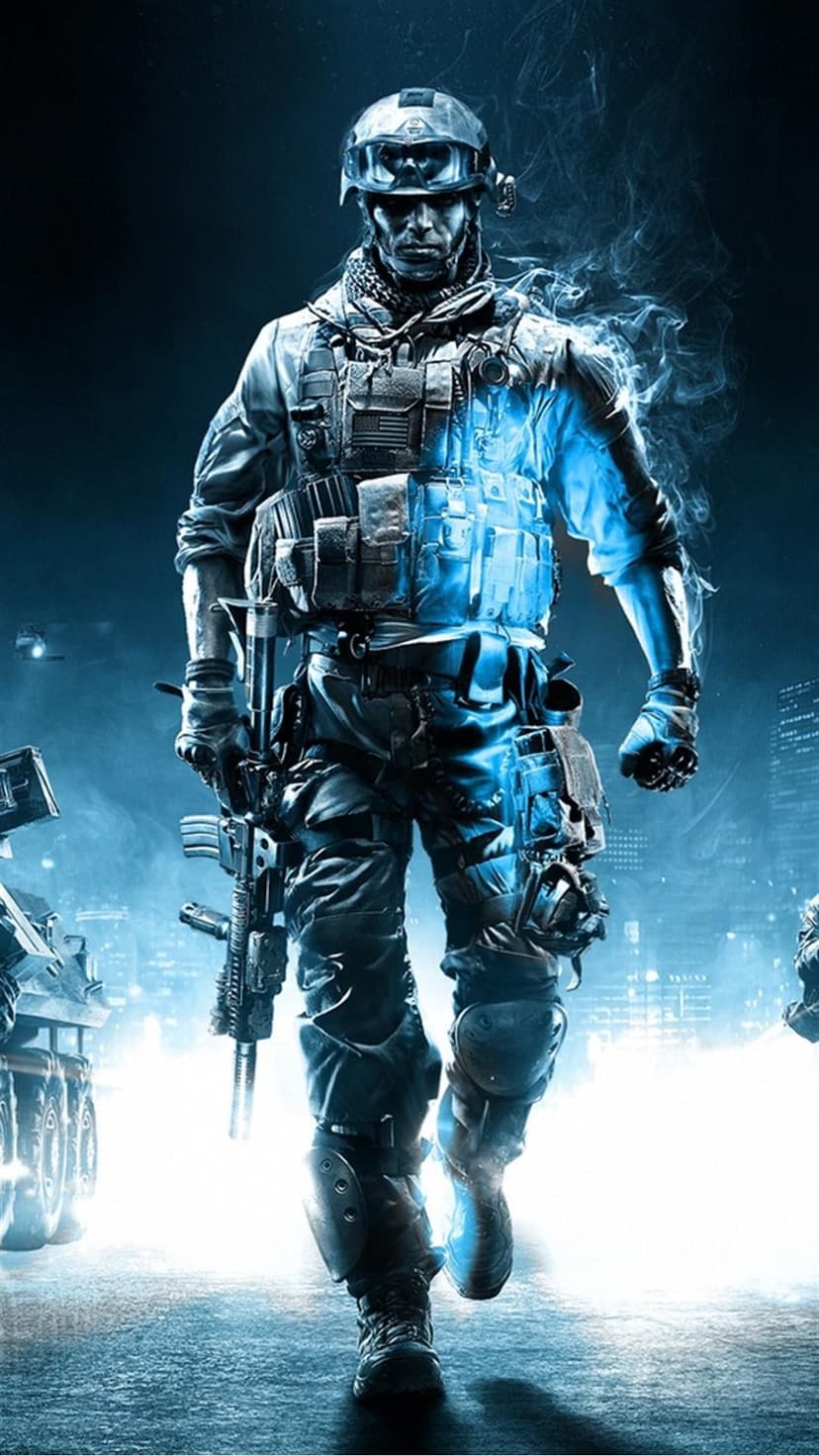 Armored soldier with a glowing visor walks through blue smoke and haze on a dark, urban battlefield at night.