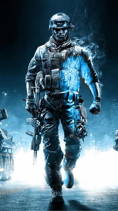 Futuristic Soldier in Blue Light and Smoke