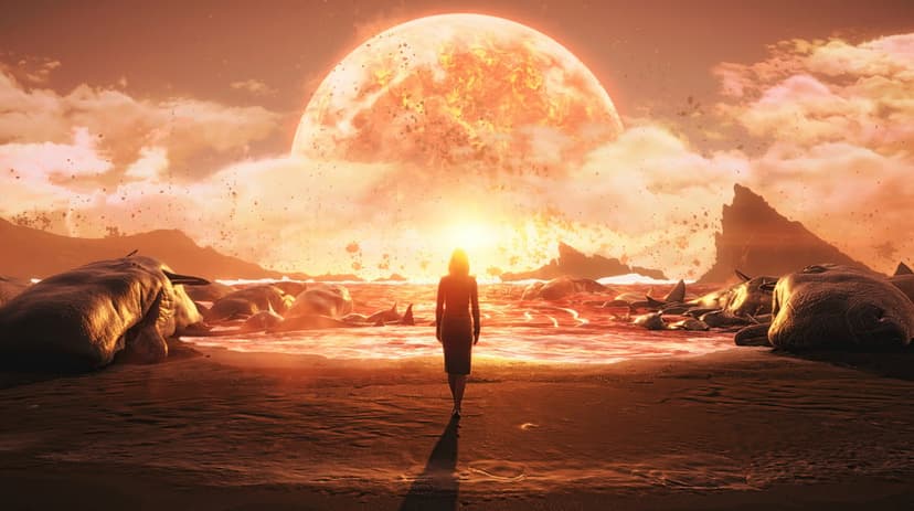 Woman in black dress stands before a crumbling sun on a beach littered with beached whales.