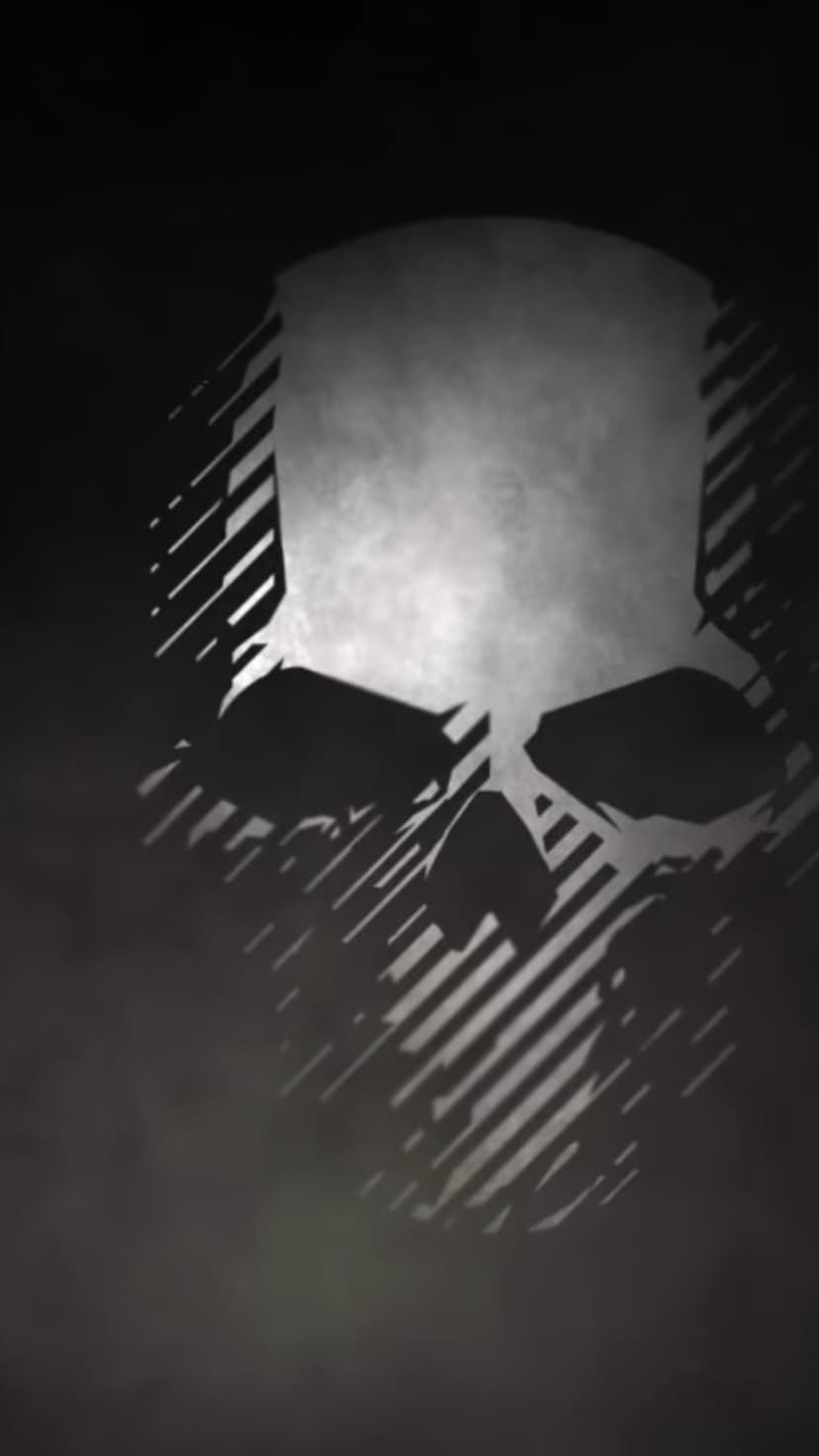 Stylized skull logo with diagonal shading lines set against a dark, hazy monochromatic background for phone screens.