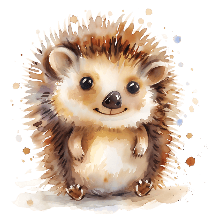 Hedgehog watercolor illustration displays brown textured spines and white fur against a solid black background.