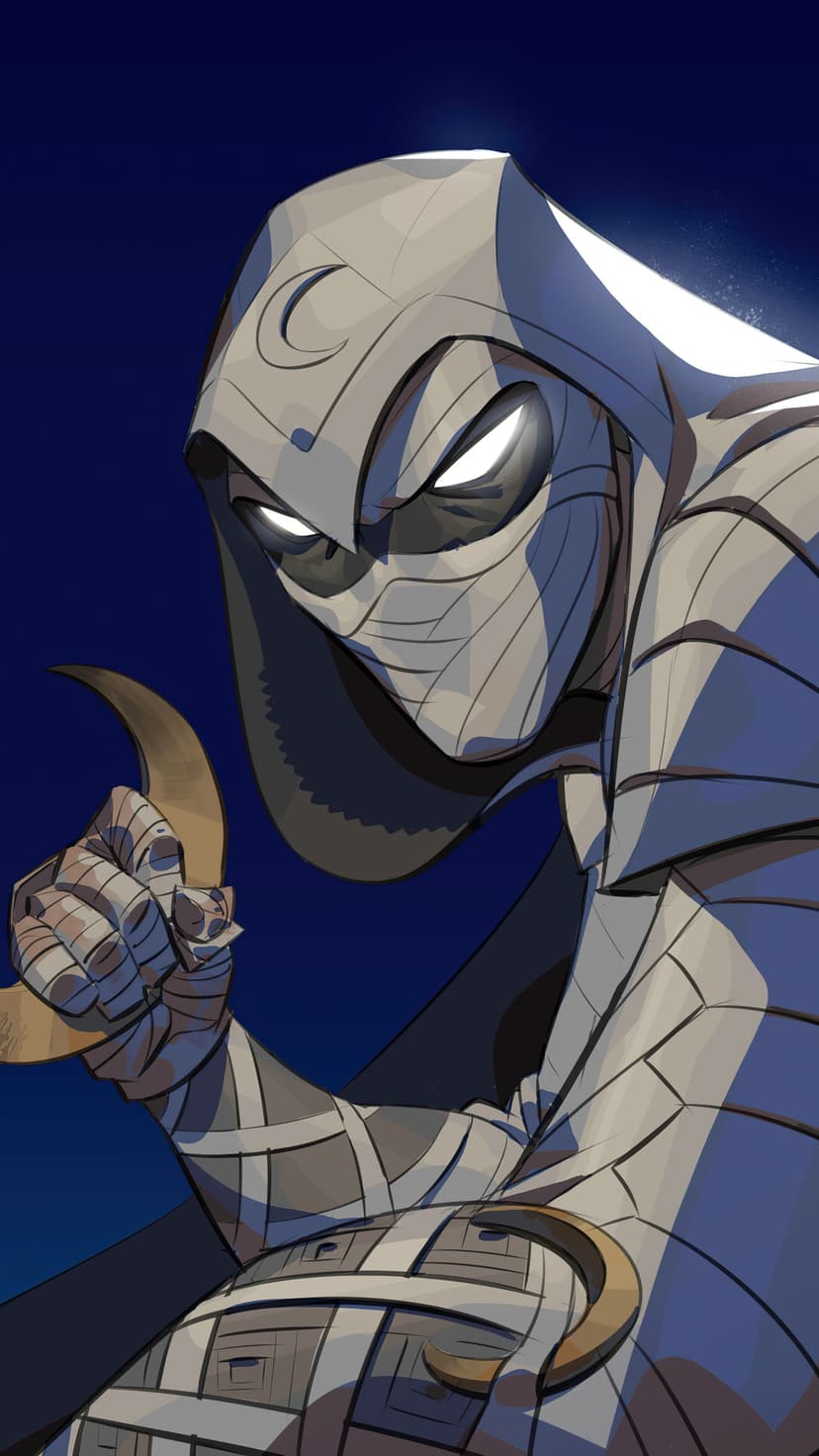 Moon Knight wearing white mummy bandages holds a crescent blade with glowing eyes on a dark navy background.