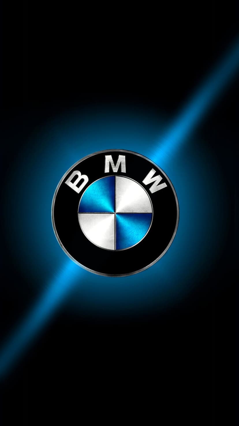 BMW logo with silver lettering and blue-white quadrants centered on a black background with blue light rays.