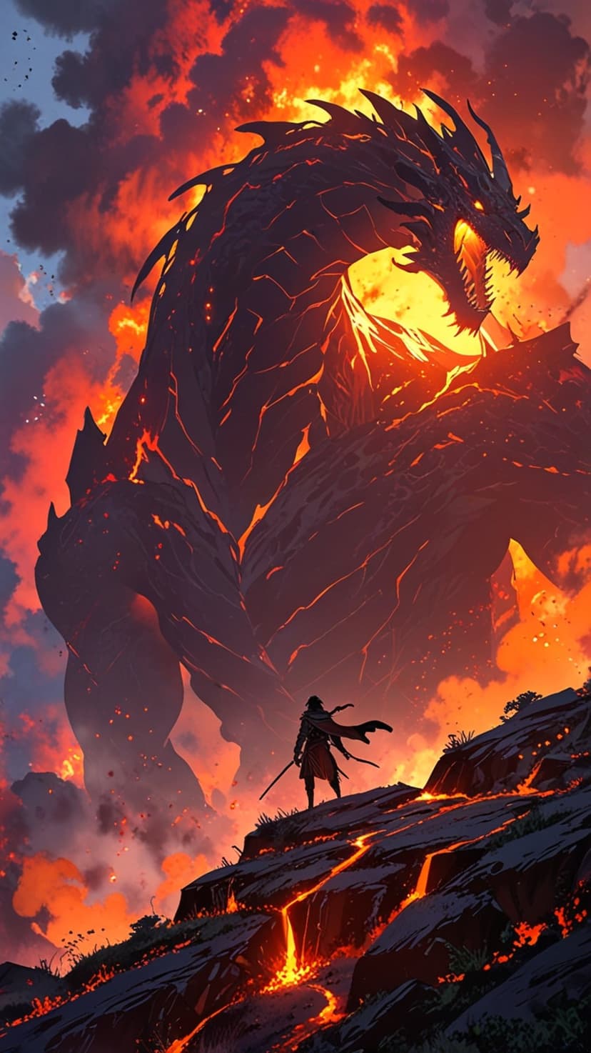 Colossal magma dragon breathes fire at a lone warrior standing on lava-covered rock under a smoky ash sky.