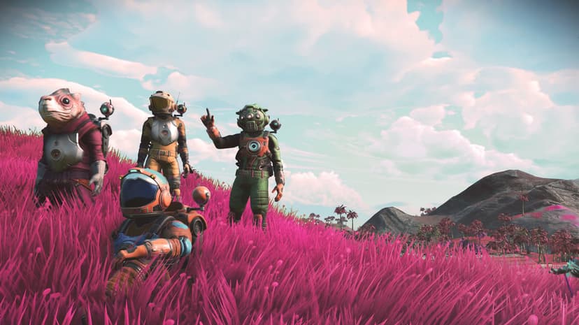 Four space explorers in colorful suits stand in tall pink grass on an alien planet under a blue sky.