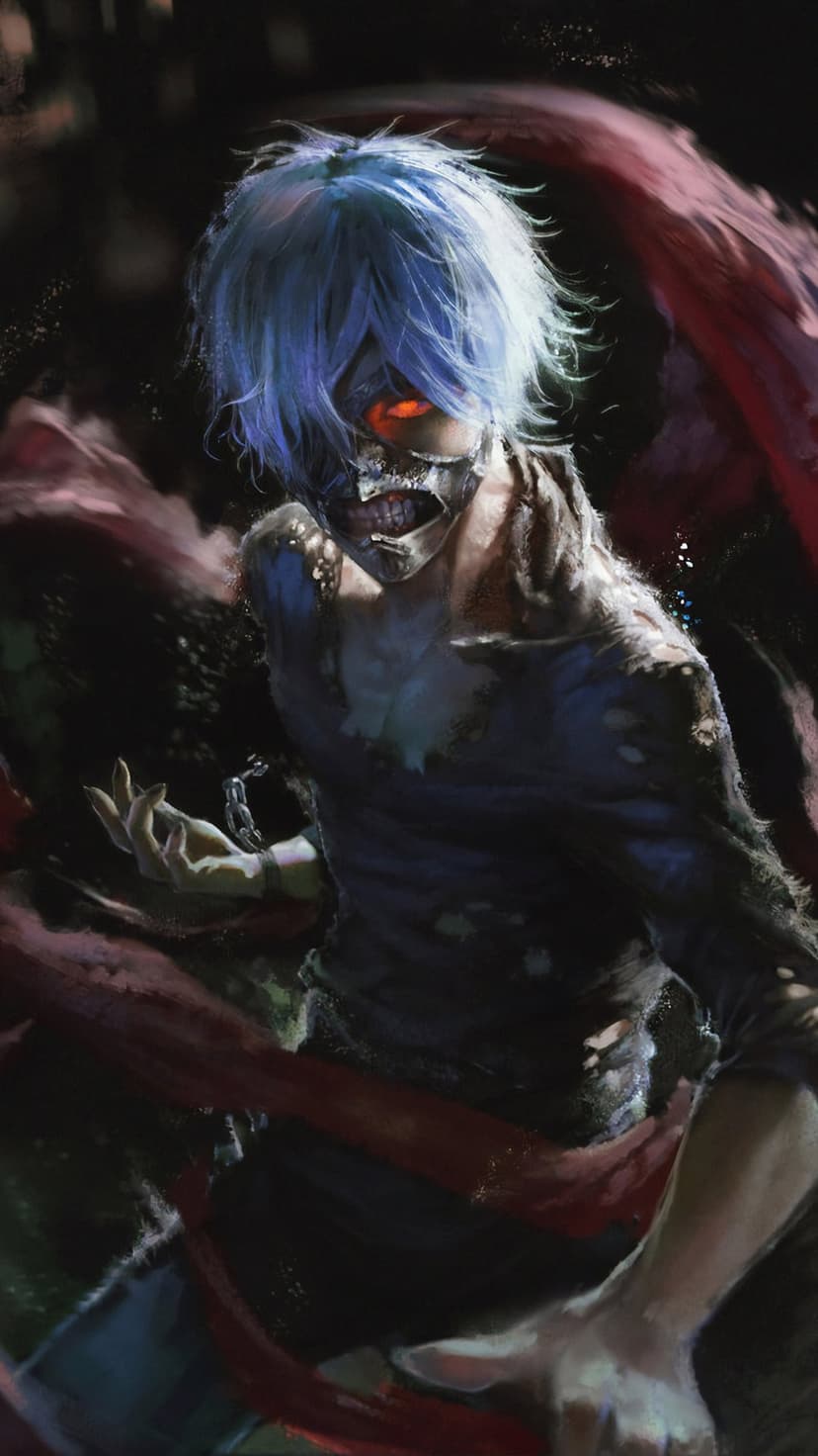 Kaneki Ken snarls through a leather mask with a glowing red eye, swirling kagune, and a dangling silver chain.