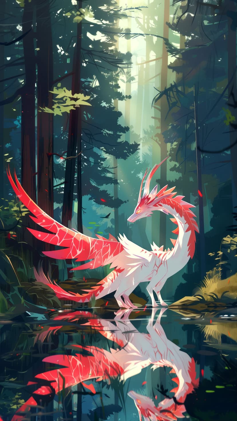 Red and white dragon with wide wings stands by a forest lake while its reflection ripples in the clear water.