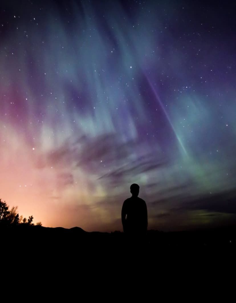 Silhouetted man on a hill looking up at vibrant purple and green aurora borealis streaks in a starry night sky.