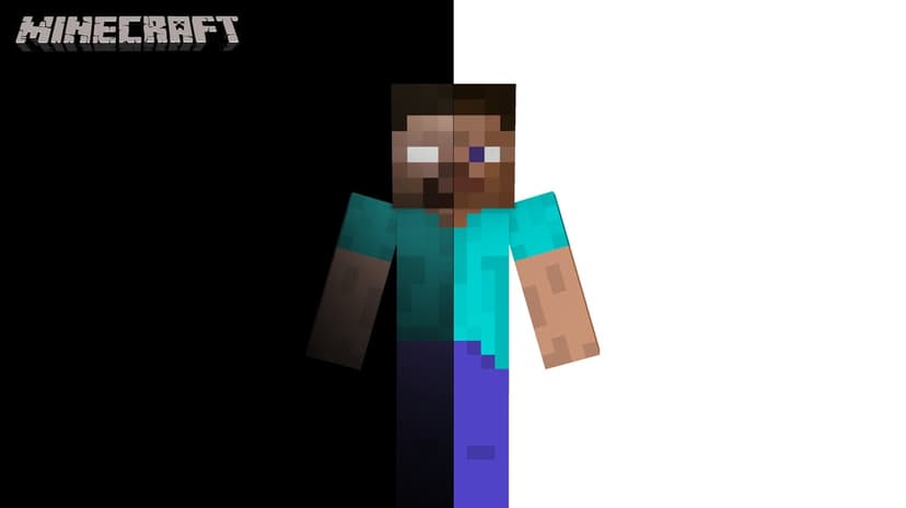 Split view of Steve and Herobrine against black and white backgrounds in a blocky gaming art style.