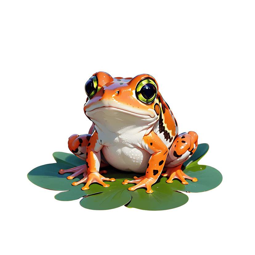 Orange frog sticker with black spots and green eyes sits on lily pads against a clean white background outline.