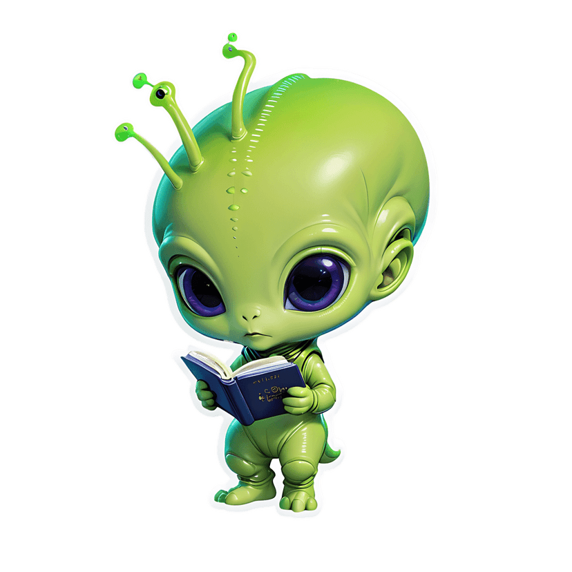 Green alien reading a book features 3D glossy textures, large purple eyes, and three eye-tipped antennae.