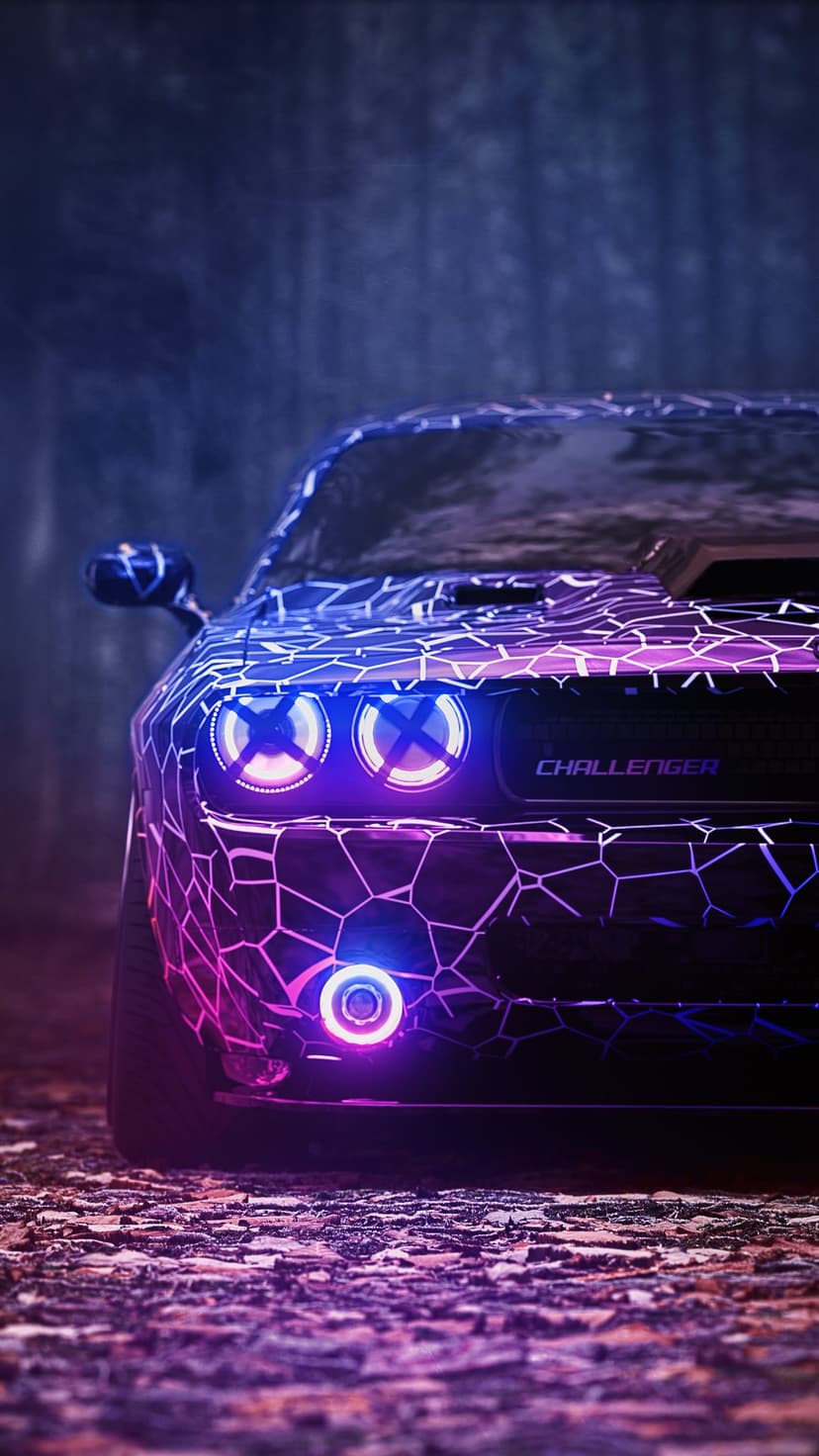 Dodge Challenger car featuring glowing pink and blue lights parked on a dark textured surface in a city night.