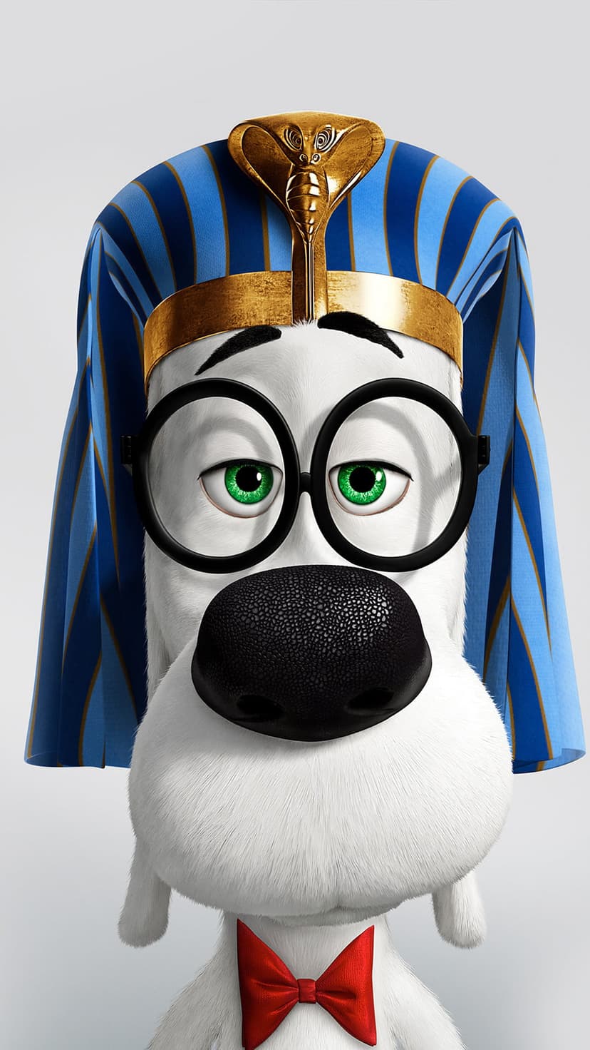 Mr. Peabody the dog wearing a blue and gold pharaoh headdress, black glasses, and a red bowtie in a close-up.