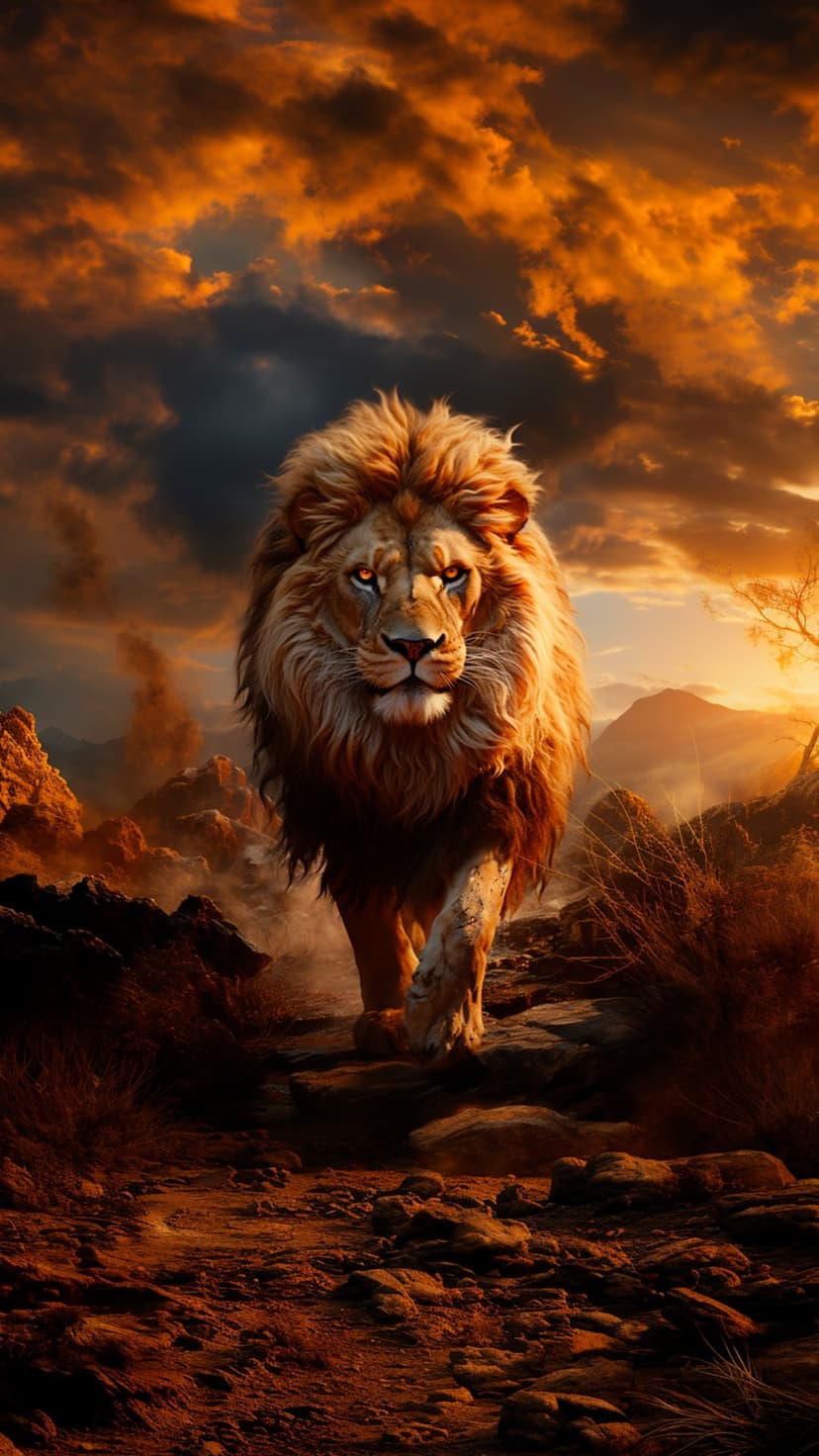 Male lion with a thick mane walking on a rocky mountain path under a dramatic orange sunset and dark clouds.