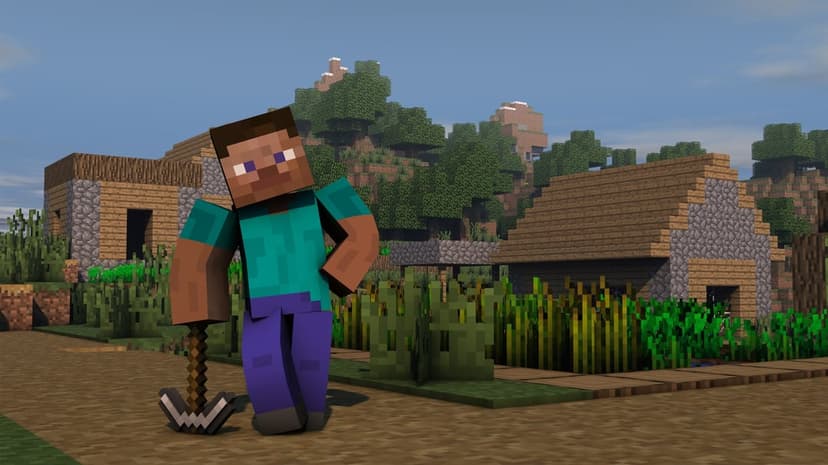 Steve from Minecraft leans on a pickaxe in a blocky village with houses, wheat fields, and a forest background.