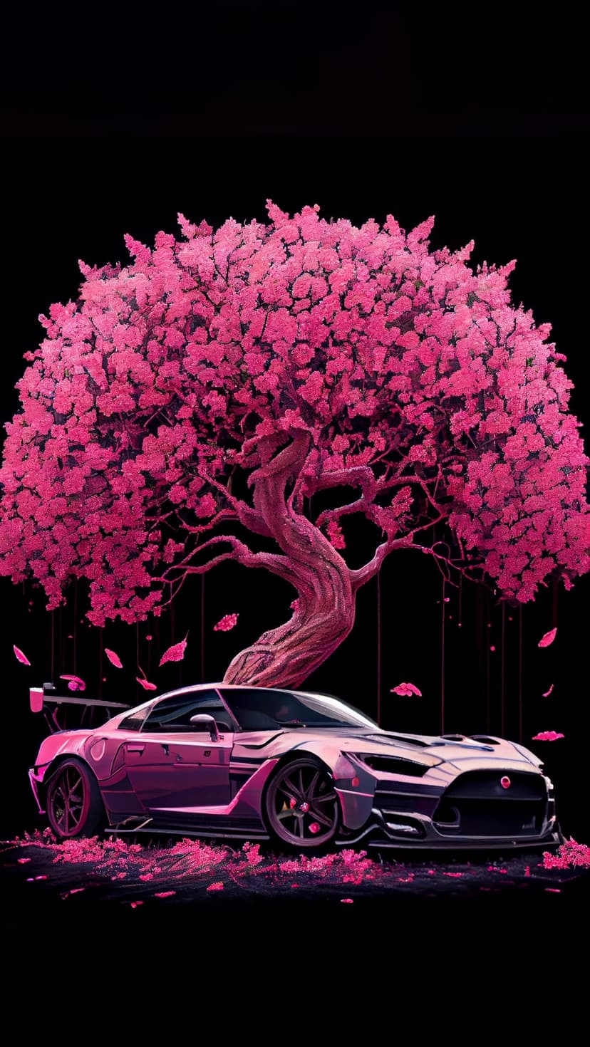 Pink sports car under a blooming cherry blossom tree with falling neon petals against a black background.