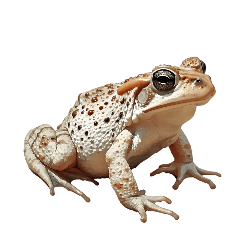 Warty toad illustration showing a light brown amphibian with textured skin and dark spots on a black background.