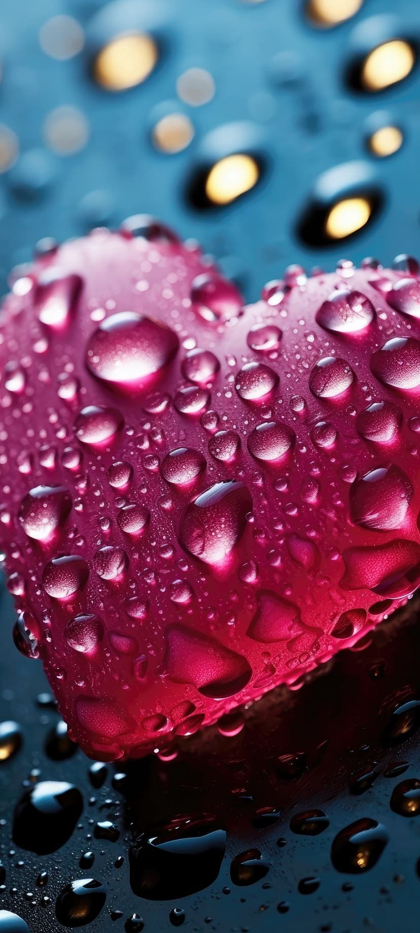 Pink heart shape covered in clear water droplets with a dark blue background and blurred lights in the distance.