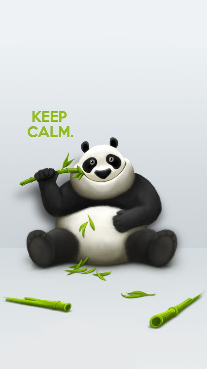 Chubby panda sits eating bamboo stems under Keep Calm text on a soft gradient background for mobile screens.
