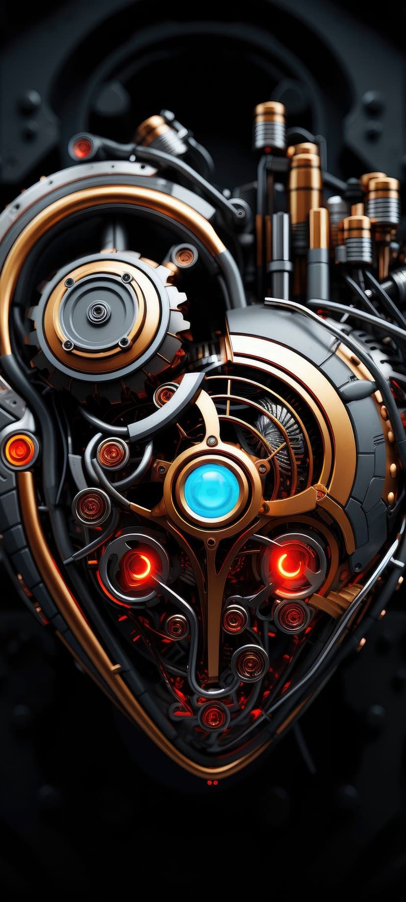 Steampunk mechanical heart with a blue glowing crystal and red lights among intricate brass gears and pipes.