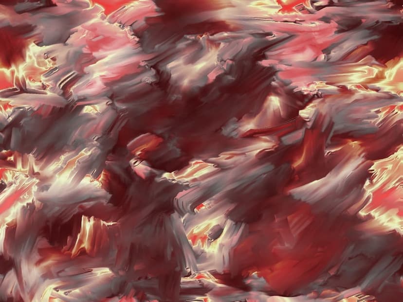 Fiery red and orange clouds swirl amidst dark grey smoke with thick textured impasto brushstrokes.