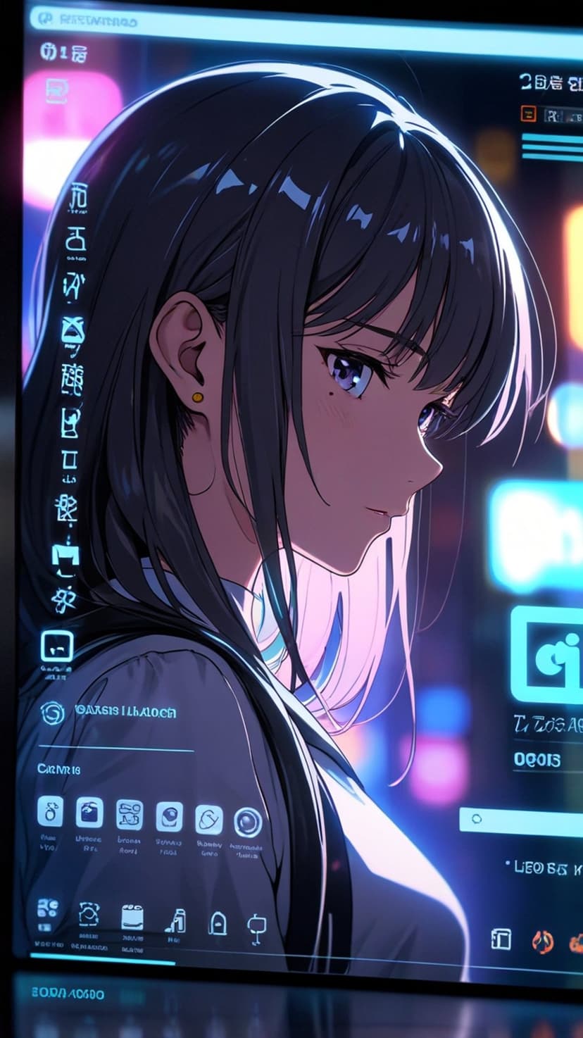 Anime girl with purple eyes behind a futuristic screen filled with violet neon icons and digital symbols.