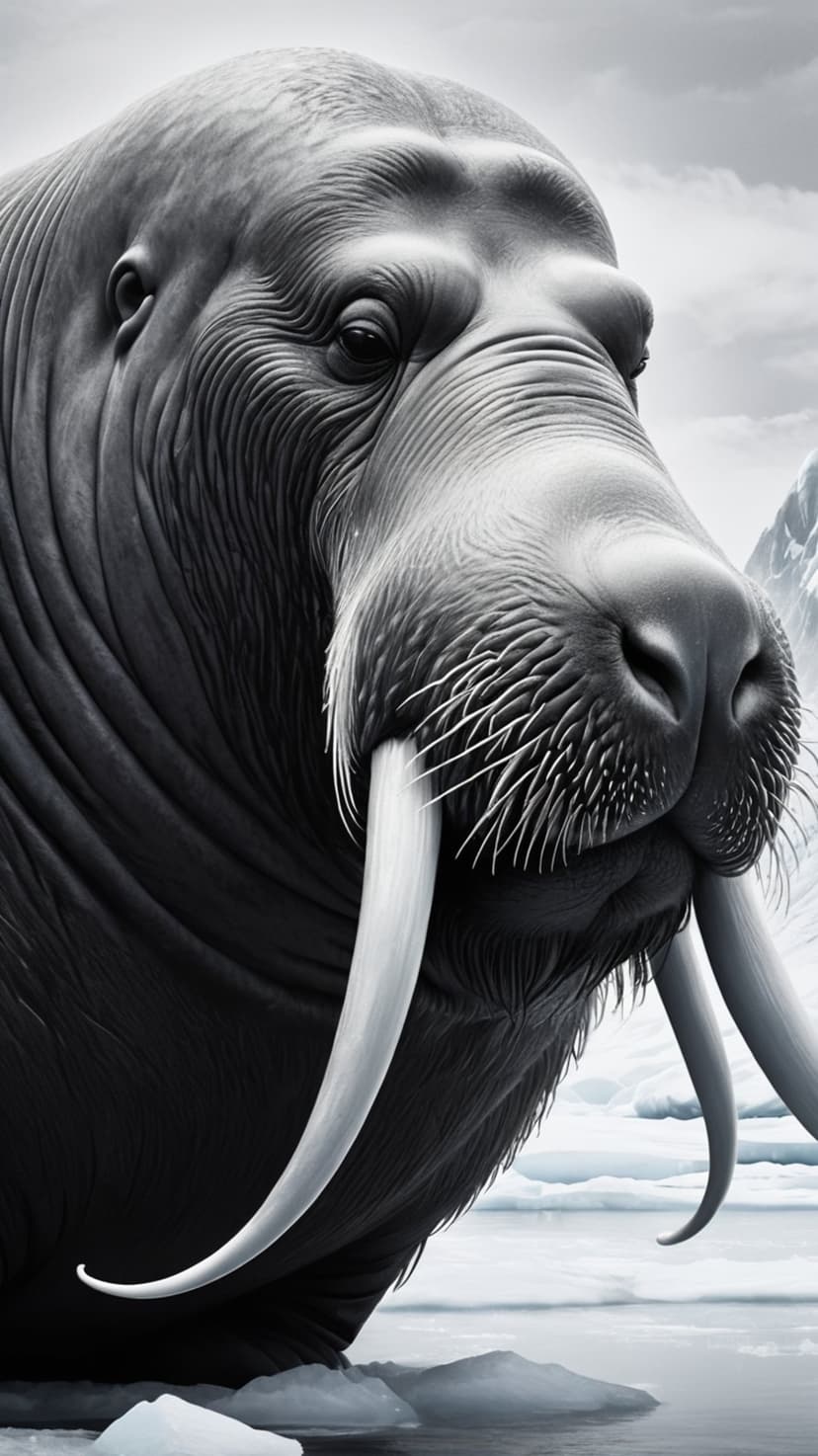 Walrus with long tusks and wrinkled skin faces forward against a backdrop of snow-capped mountains and ice.