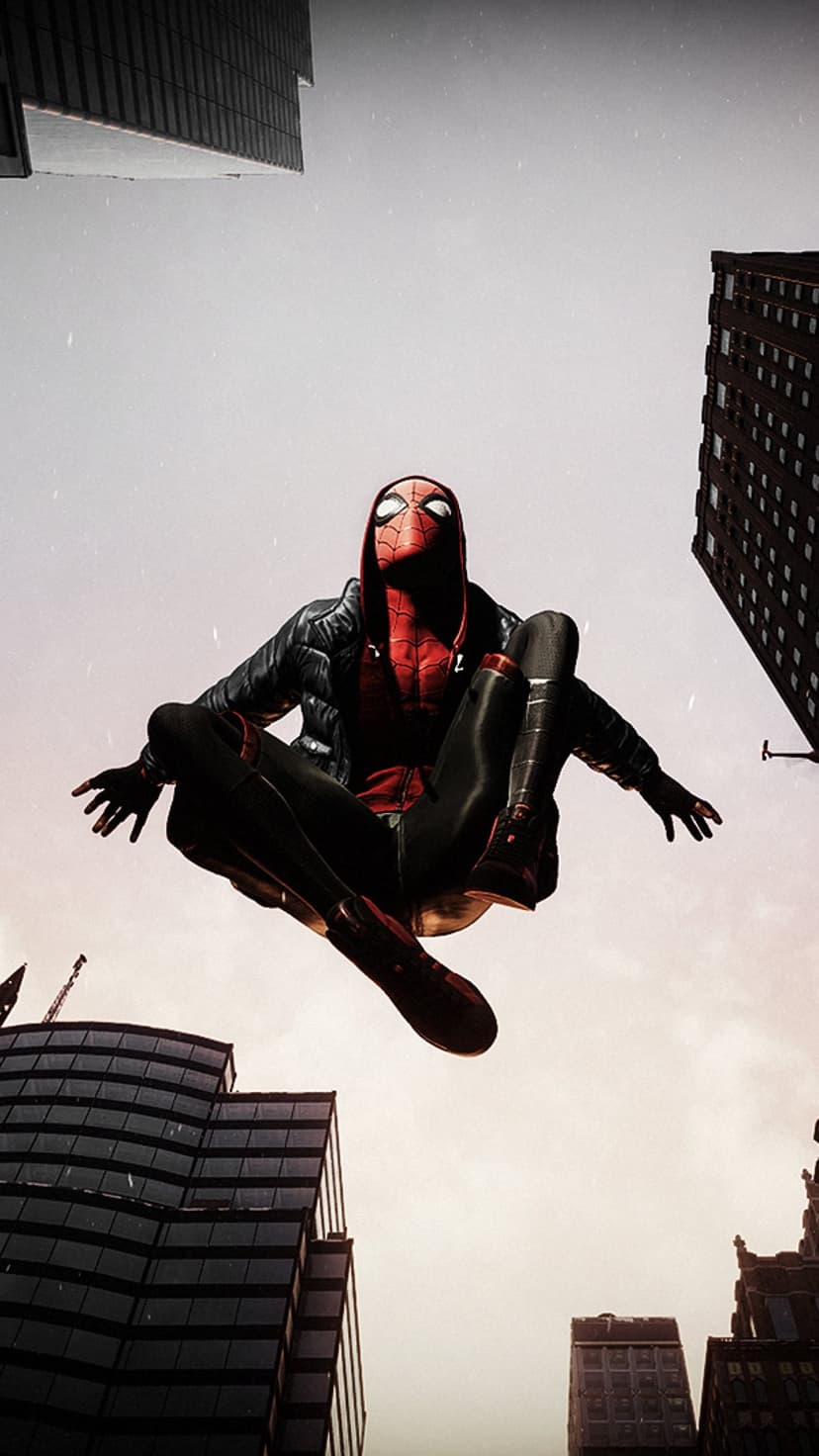 Miles Morales in a red and black hooded suit flips through the air between skyscrapers under a cloudy sky.