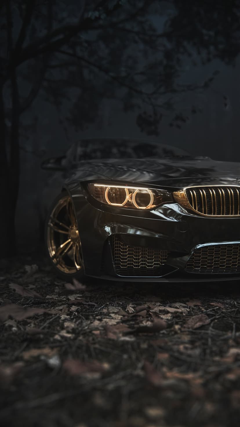 Black luxury car with gold rims and glowing headlights parked on a bed of dry autumn leaves in a dark setting.