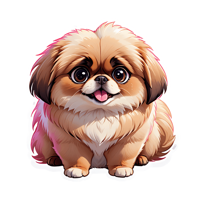 Pekingese dog sticker with tan fluffy fur and glossy black eyes showing a pink tongue in front view.