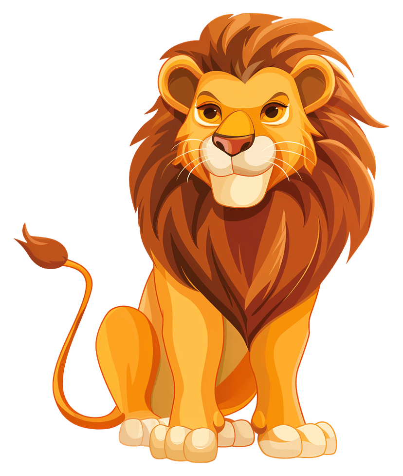 Lion character with orange fluffy mane and yellow fur sits forward in a stylized vector illustration style.