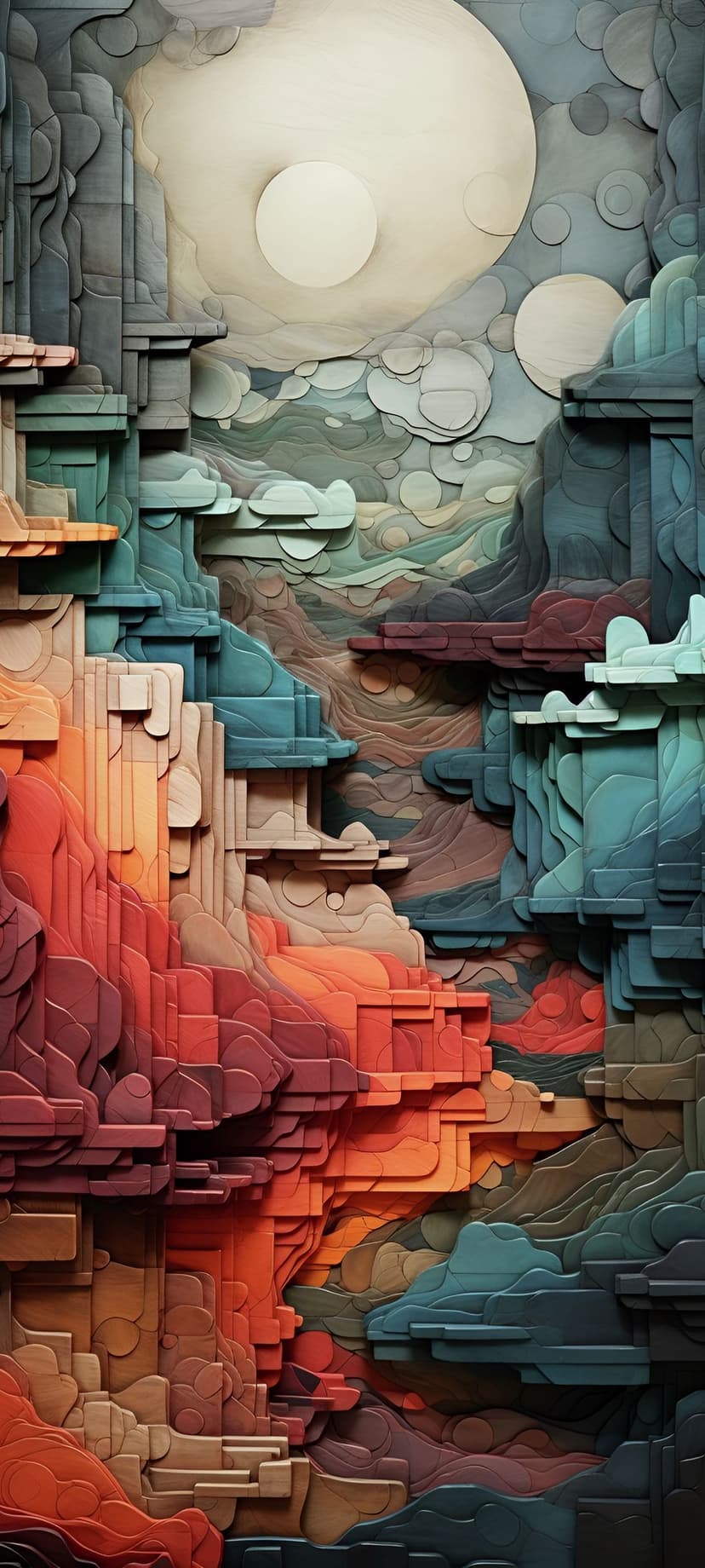Layered fractal rock formations in red and blue transition toward a pale white moon in a swirling surreal sky.