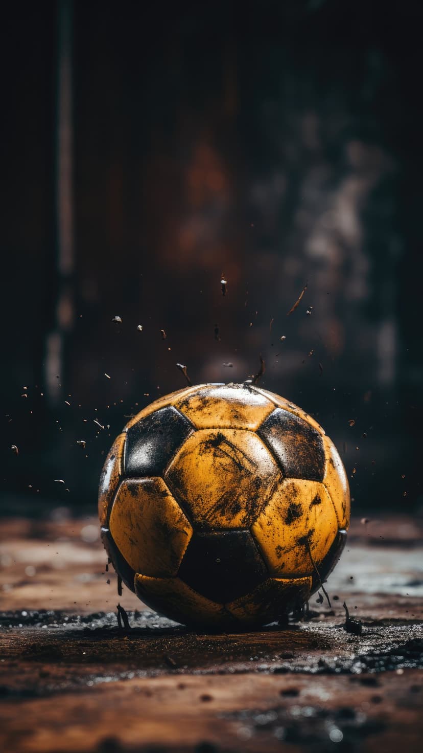 Muddy soccer ball with water droplets and gritty textures under dramatic lighting against a dark background.