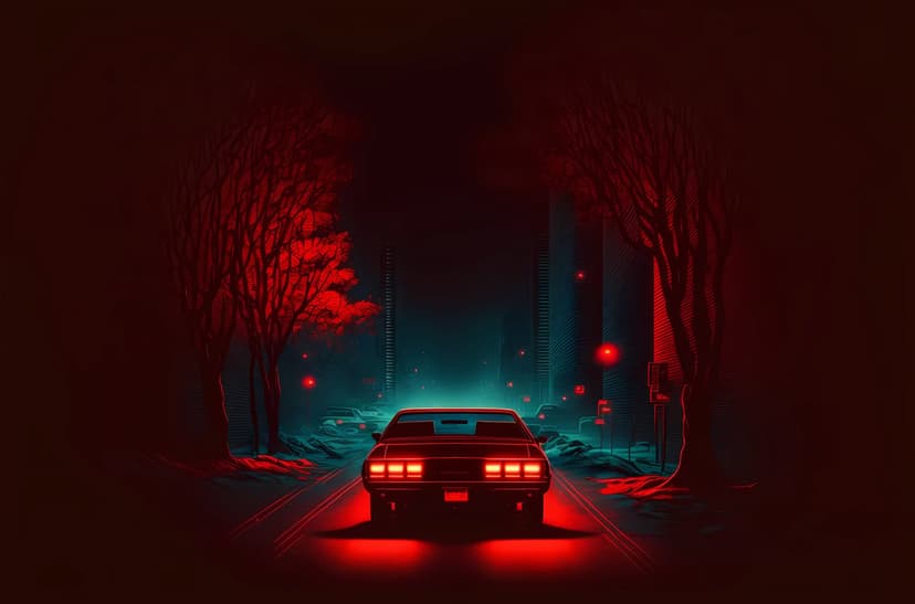 Vintage car with bright red taillights driving down a narrow road between glowing scarlet trees at night.