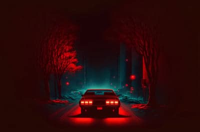 Retro Car Drives Down Dark Red Forest Road